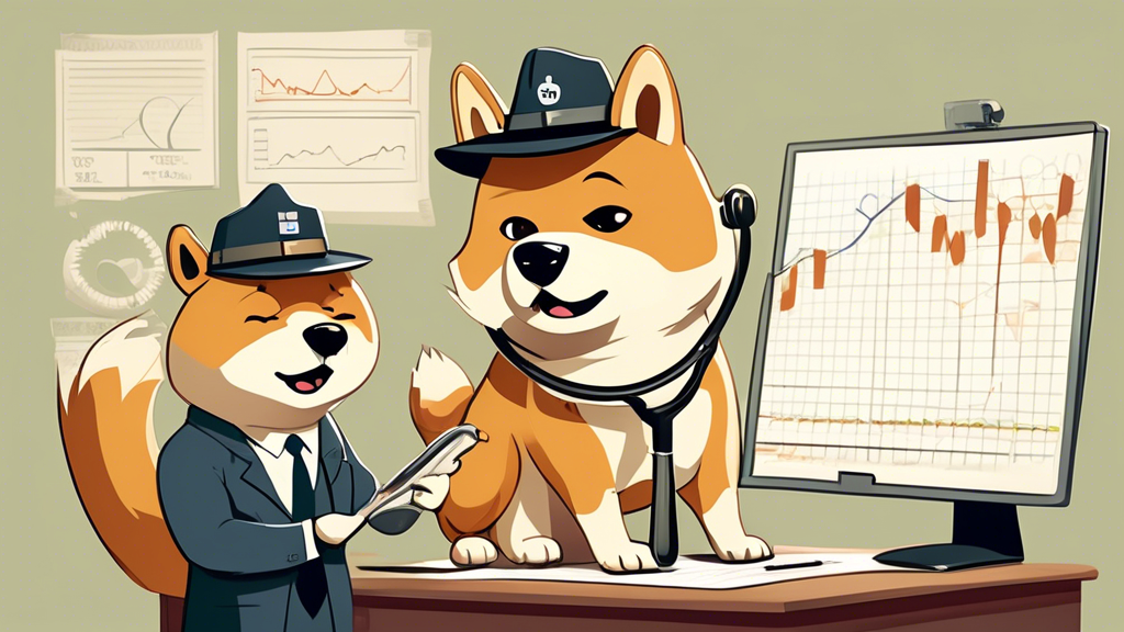 A cartoon illustration of a worried Shiba Inu dog wearing a detective hat and holding a magnifying glass, examining a downward trending graph, with a veterinarian and a financial analyst discussing in the background.