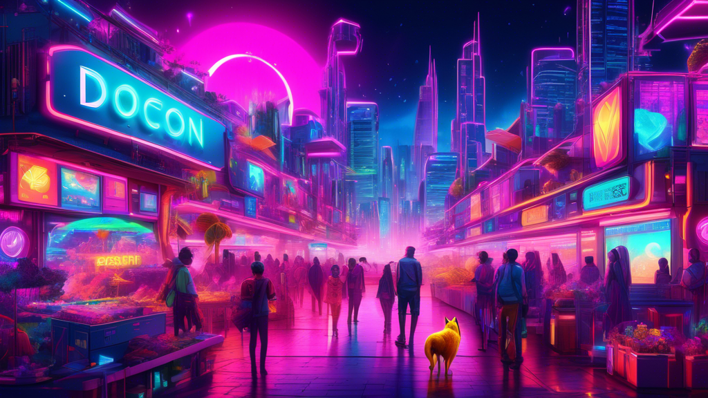 A futuristic digital art piece depicting a vibrant and thriving digital marketplace where Render and KangaMoon tokens are flourishing alongside a rekindled and soaring Dogecoin, under a neon-lit crypto-themed skyline.