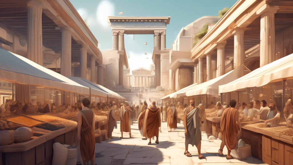 An elaborate digital illustration of an ancient Greek marketplace transformed into a futuristic, virtual financial hub bustling with activity, symbolizing Project Agorá's exploration of tokenization in financial systems.