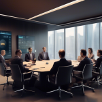 A modern, sleek office space with a large digital screen displaying the rising graph of Bitcoin ETFs, surrounded by BNY Mellon executives and financial analysts in a collaborative meeting, exploring and discussing investment strategies.