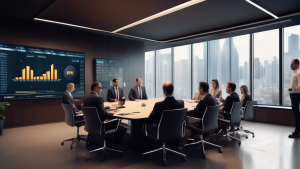 A modern, sleek office space with a large digital screen displaying the rising graph of Bitcoin ETFs, surrounded by BNY Mellon executives and financial analysts in a collaborative meeting, exploring and discussing investment strategies.