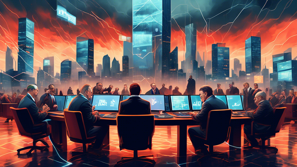 A digital artwork depicting a chaotic stock market floor with screens showing plummeting cryptocurrency graphs and Russian officials in heated discussions, set against a backdrop of the Beribit skyline under a stormy sky.