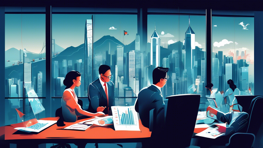 An illustrated scene of financial analysts analyzing charts and graphs showing rising trends, with Hong Kong's iconic skyline in the background and ETF symbols flowing into the city.