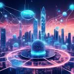 A futuristic digital cityscape with Castula Network's DeFi exchange platform glowing in the center, interconnected with flowing data streams leading to Cardano and Huawei Cloud logos in the sky.