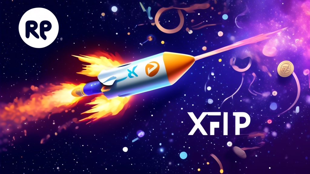 Digital illustration of a rocket with XRP, Toncoin, and KangaMoon logos soaring through a galaxy filled with cryptocurrency symbols, symbolizing explosive gains in the altcoin market.