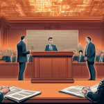 A detailed digital illustration of a courtroom where a group of well-dressed crypto lobbyists are presenting their case against the SEC, with a giant 'dealer' dictionary definition floating above them, all set against a backdrop of blockchain code and financial symbols.
