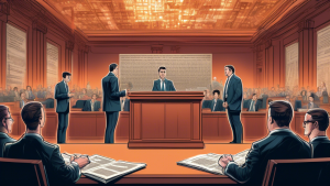 A detailed digital illustration of a courtroom where a group of well-dressed crypto lobbyists are presenting their case against the SEC, with a giant 'dealer' dictionary definition floating above them, all set against a backdrop of blockchain code and financial symbols.