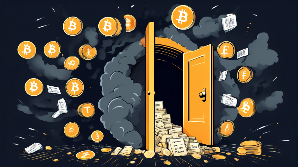 An illustration of a giant vault door closing on various cryptocurrency symbols like Bitcoin and Ethereum, with financial documents labeled 'ETF Support' scattered and rejected outside, under a dark cloud symbolizing DTCC's decision.