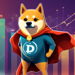 Digital art illustration of a Dogecoin mascot in a superhero cape looking hopeful while standing in front of fluctuating crypto chart graphs, with a gleaming Dogecoin20 token on the horizon amidst decentralized exchange listings.
