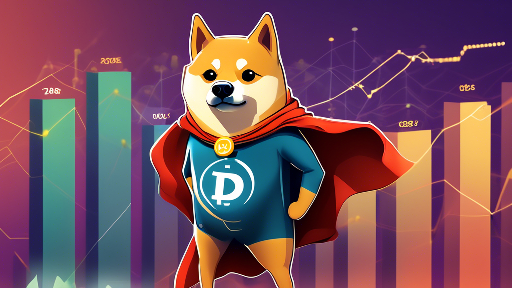 Digital art illustration of a Dogecoin mascot in a superhero cape looking hopeful while standing in front of fluctuating crypto chart graphs, with a gleaming Dogecoin20 token on the horizon amidst decentralized exchange listings.