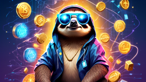 Digital artwork of an animated sloth wearing futuristic glasses and surrounded by glowing cryptocurrency symbols, standing triumphantly atop a graph showing a significant upward trend, with a disappointed dog in a hat and a cartoon character holding a hammer sitting in the background.