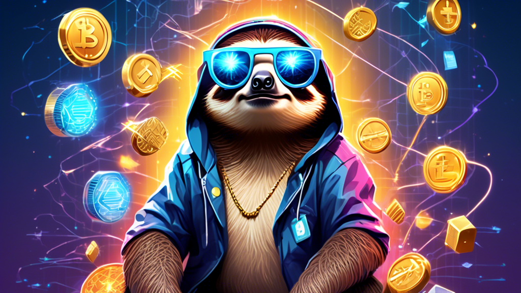 Digital artwork of an animated sloth wearing futuristic glasses and surrounded by glowing cryptocurrency symbols, standing triumphantly atop a graph showing a significant upward trend, with a disappointed dog in a hat and a cartoon character holding a hammer sitting in the background.