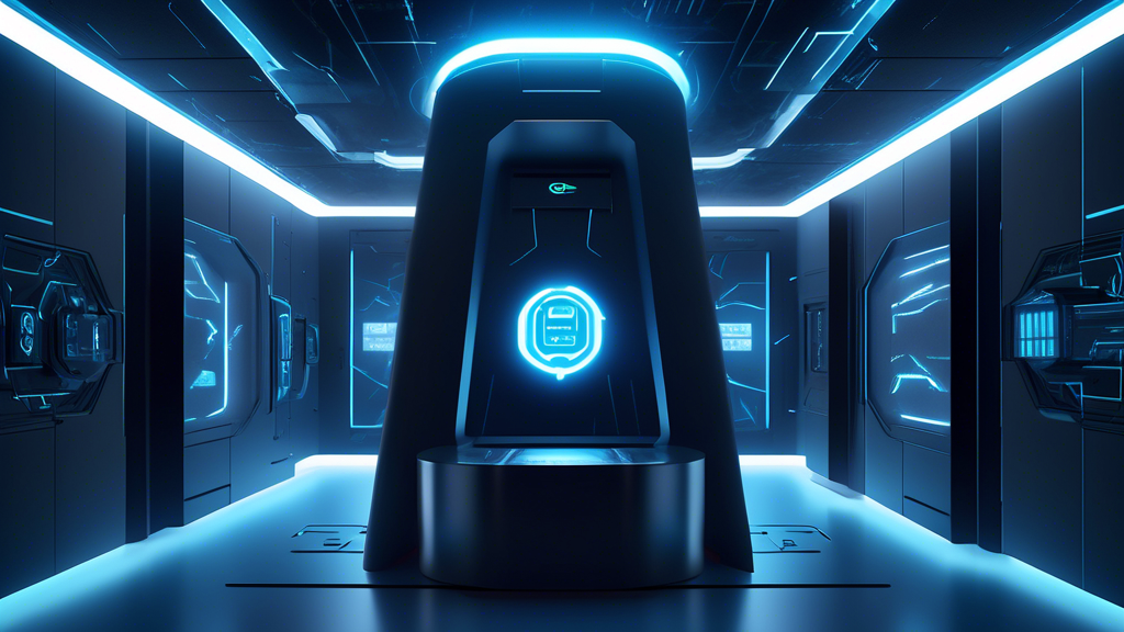 Digital artwork of a futuristic, secure vault representing a user's identity with Galxe's logo, in a sleek, advanced control room focused on privacy and data protection.