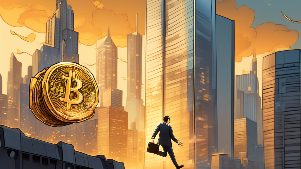 Depiction of a massive golden Bitcoin being transferred between two skyscrapers with a scroll displaying '$2.1 billion' emerging from it, while a character dressed as a businessman throws 36 million tiny GBTC shares from a briefcase into the air, against a backdrop of a financial district skyline at dawn.