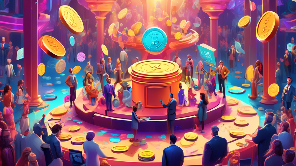 A colorful, whimsical art scene showcasing an auction podium with unusually shaped digital coins and floating pieces of paper, all taking place inside an opulent, futuristic digital marketplace crowded with a diverse group of animated characters bidding passionately.