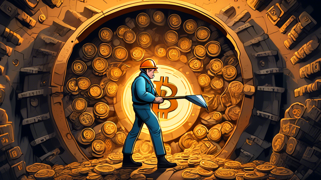 An animated digital illustration of a miner with a pickaxe, surrounded by digital representations of Bitcoins, standing in front of a massive vault that has just been unlocked, with calendar pages flipping in the background from 14 years ago to the present.