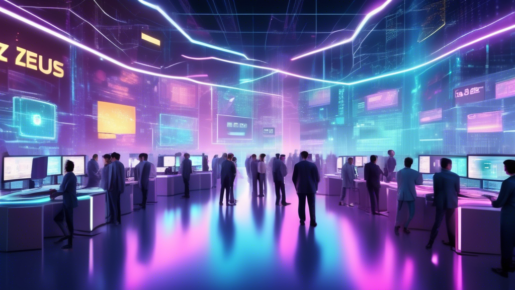 A futuristic digital trading floor bustling with activity as traders buy and sell Zeus Network tokens on the OKX platform, illuminated by glowing screens and holographic displays.