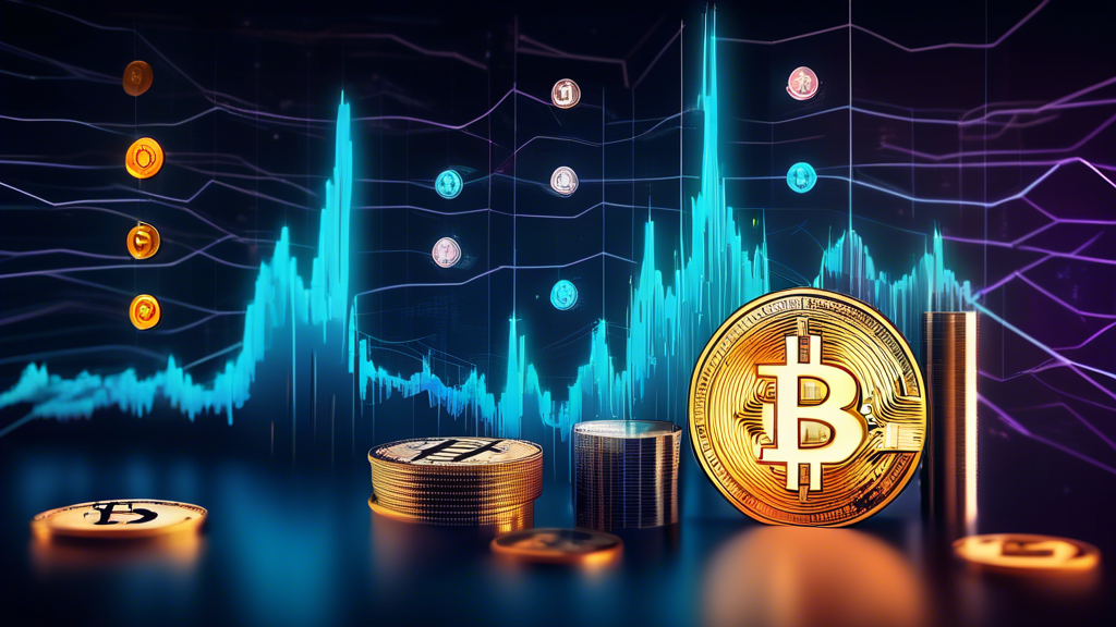 A digital artwork depicting a group of worried-looking cryptocurrency symbols like Bitcoin, Ethereum, and Litecoin gathered around a dimly lit, fluctuating market chart in an abstract, futuristic financial environment.