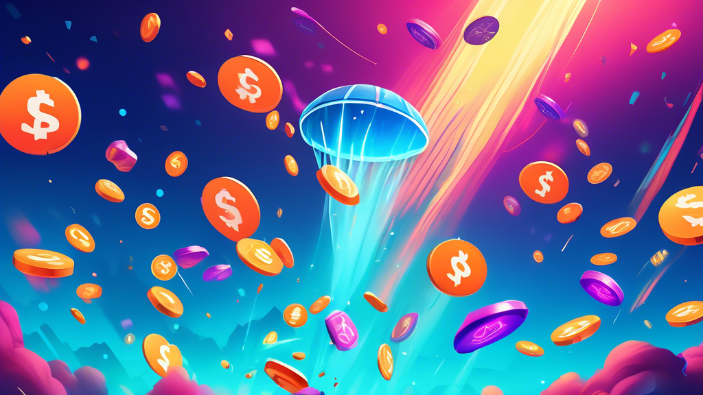 A vibrant and futuristic digital illustration of an airdrop from STEPN with $2.9 million worth of tokens falling from the sky, while the GMT logo sinks in value amidst a sea of cryptocurrencies, depicted with a 6.5% decline marker.