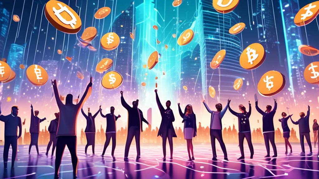 Digital visualization of Toncoin tokens raining down on a group of happy users holding US Dollar Tether (USDT) symbols in a futuristic cyber city.