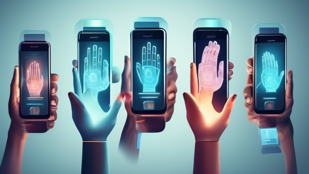 A series of futuristic palm scanning devices being used by diverse people for identity confirmation in a modern, digital society setting.