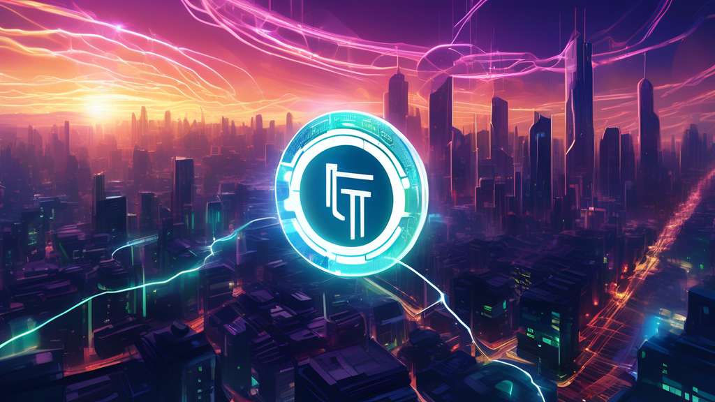 A digital painting of a massive, luminous Tether coin symbol floating above the BTCPay Server logo, with rays of light connecting the two, set against a futuristic city skyline at dusk.