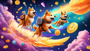 Digital illustration of cartoonish Doge, Shiba Inu, and Floki Viking Dog characters celebrating on a rocket soaring past cryptocurrency symbols against a cosmic background, signifying a surge in meme coin prices.