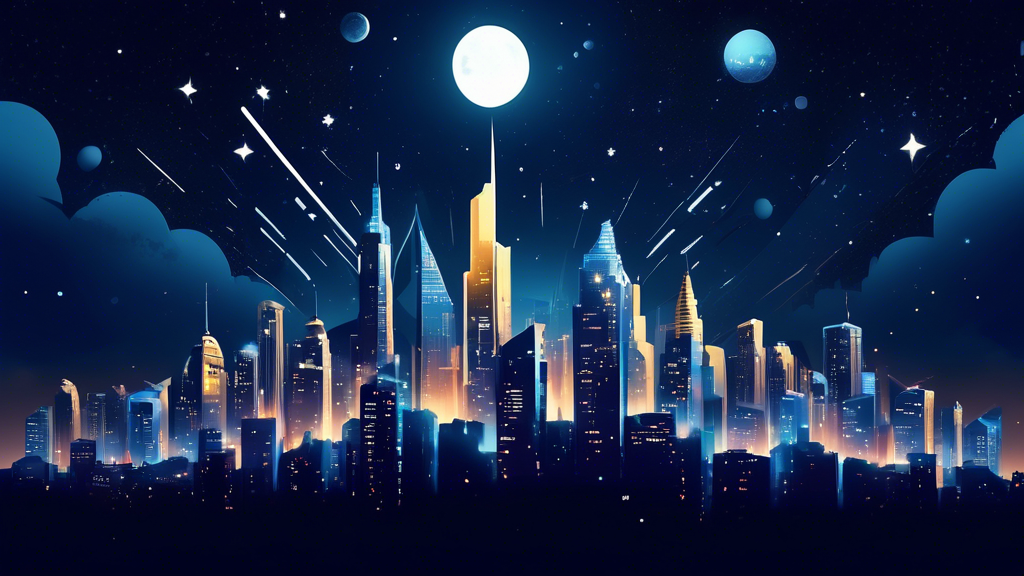Digital illustration of a futuristic city skyline with towering Toncoin and Avalanche logos, the Toncoin logo soaring above in a gleaming top 10 spot under a starry night sky.