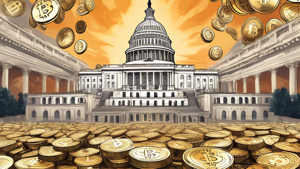 A digital illustration of the United States Capitol building with Bitcoin symbols and currency flying around it, reflecting the US government's status as the top holder of Bitcoin assets globally, valued at $15 billion.