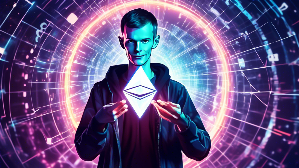 Digital portrait of Vitalik Buterin holding a glowing Ethereum logo, with holographic codes and futuristic UI updates swirling around in the background.