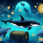 Digital art of Stellar and XRP whales, represented by majestic orcas adorned with cryptocurrency symbols, surrounding a glowing treasure chest labeled 'Kelexo' under the deep ocean, with Bitcoin symbols eclipsing in the background as the halving event approaches.