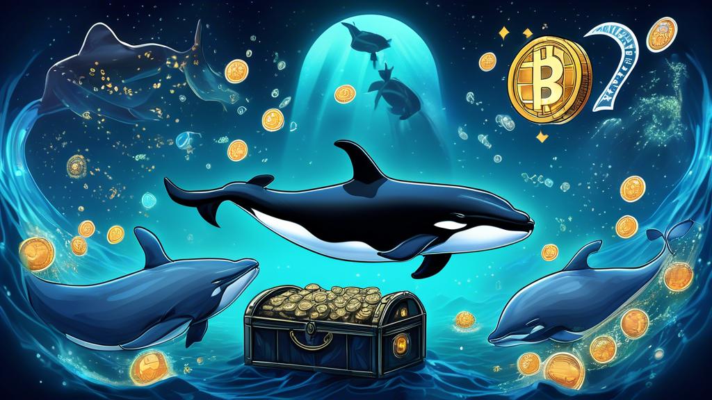 Digital art of Stellar and XRP whales, represented by majestic orcas adorned with cryptocurrency symbols, surrounding a glowing treasure chest labeled 'Kelexo' under the deep ocean, with Bitcoin symbols eclipsing in the background as the halving event approaches.