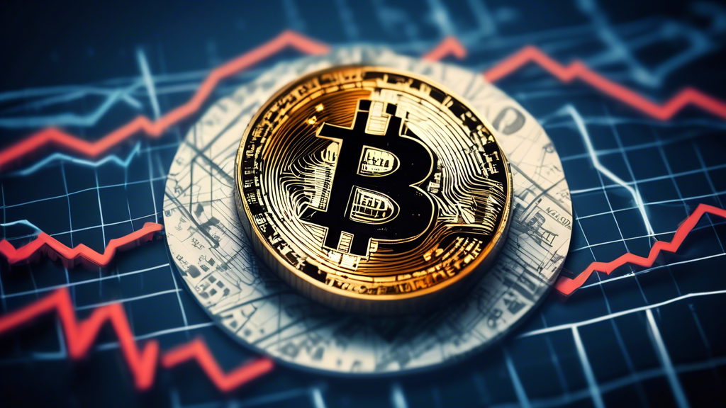A digital artwork of a stationary Bitcoin coin on a financial chart with arrows indicating outflows, and an ETF (Exchange-Traded Fund) symbol fading in the background.
