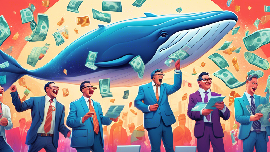 Colorful illustration of anthropomorphic whales dressed as stock brokers celebrating with bags of money alongside a grinning rabbit in a futuristic digital marketplace.