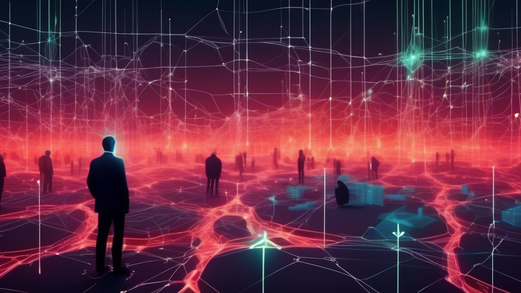 A futuristic digital landscape showcasing a crowded network of glowing nodes, with 85% of them turning red and marked by a cross, while a figure resembling the LayerZero CEO stands in the foreground holding a glowing digital map, analyzing the eligible addresses for airdrop.