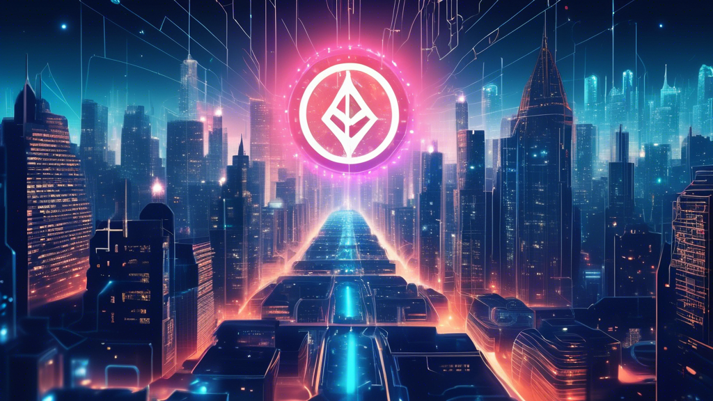 A futuristic cityscape where traditional financial institutions are replaced by decentralized blockchain platforms, with the Cardano symbol glowing brightly at the center while a faded Bitcoin logo sits in the background.