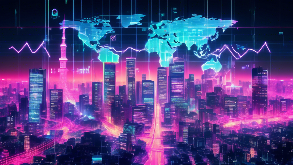 A digital artwork showcasing a neon-lit Tokyo skyline with abstract cyber security and hacker symbols intertwined, and a translucent overlay of financial graphs depicting a sharp decline, all framed by a holographic image of a bitcoin symbol.