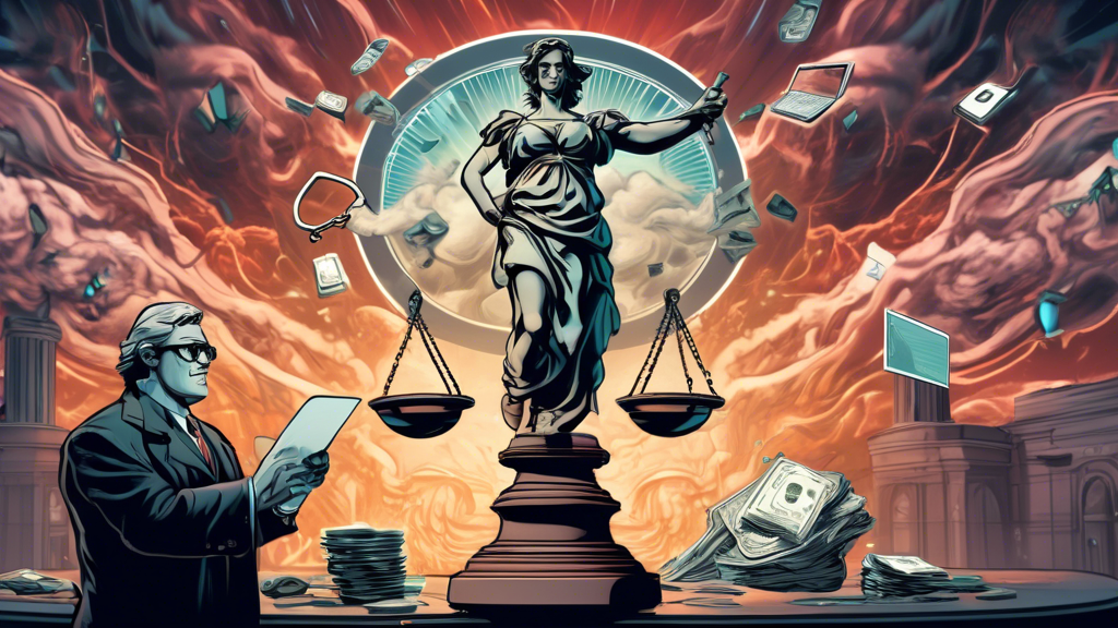 A digital courtroom scene with a gavel and scales of justice, featuring a computer screen displaying the Tornado Cash logo, while a figure representing a developer stands trial, surrounded by law enforcement, against a backdrop of swirling tornadoes and cryptocurrency symbols.