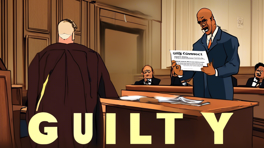 A courtroom scene where a person is standing and holding a sign that reads 'Guilty' with the BitConnect logo in the background, as a judge looks on.