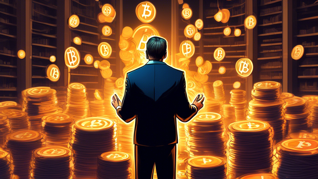 Digital courtroom scene with BTC-e founder pleading guilty, amidst stacks of glowing Bitcoin symbols representing laundered cryptocurrency.