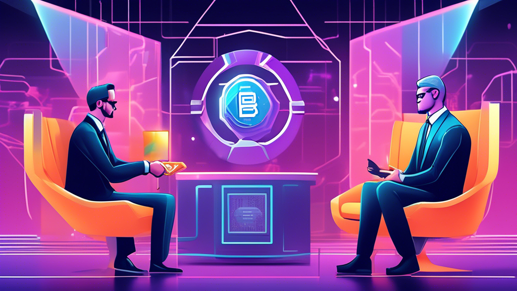 Detailed illustration of the dYdX founder handing over the CEO badge to a successor in a ceremonial setting, with a large chair symbolizing the Chairman role in the background, set against the backdrop of a futuristic blockchain and cryptocurrency office.