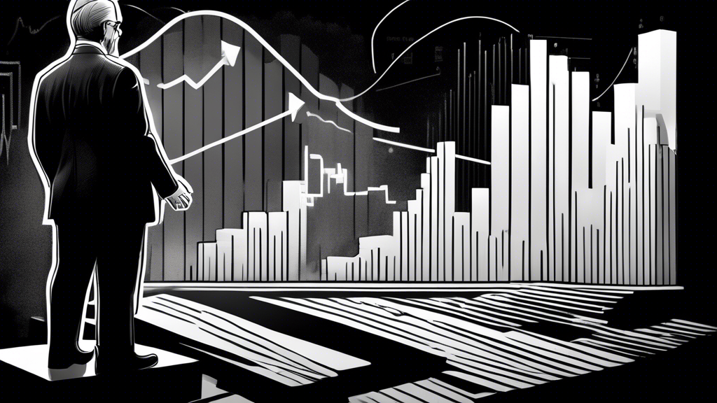An illustration of Grayscale CEO Michael Sonnenshein stepping down from a podium surrounded by graphs displaying the rebounding inflows of spot BTC ETFs