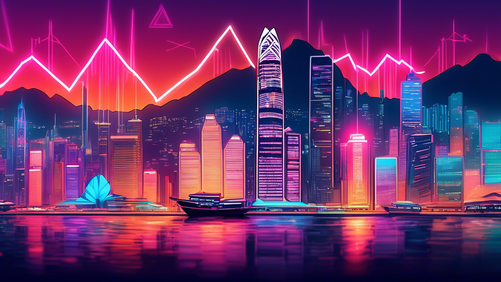 An illustrative skyline of Hong Kong at sunset with neon outlines of Ethereum logos and ETF graphs projected onto the futuristic skyscrapers.