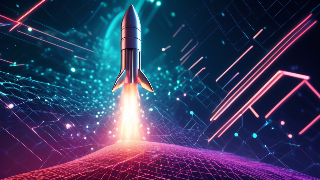 A futuristic digital landscape showcasing a rocket taking off, symbolically made of IOTA tokens, against the backdrop of a glowing, dynamic testnet grid