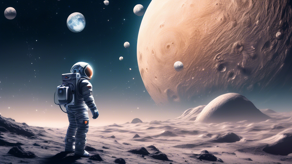 An astronaut exploring a futuristic moon landscape with KangaMoon, Ripple, and Fantom logos projected in the sky