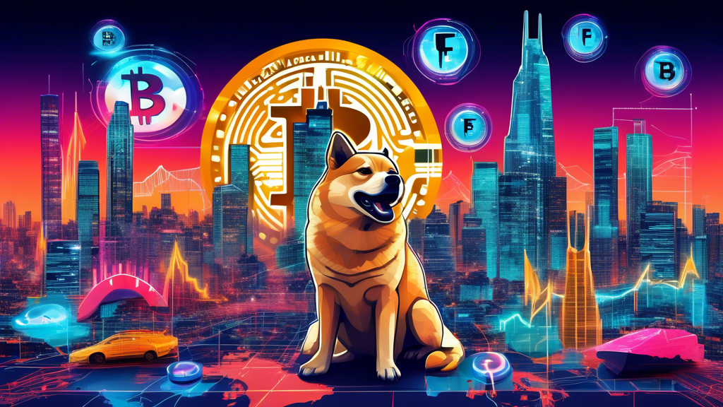 A vibrant digital collage showcasing symbols of Bitcoin (BTC), Dogecoin (DOGE), and WiFi (WIF) amidst futuristic financial charts and graphs, with a backdrop of a bustling cyber city at dusk.