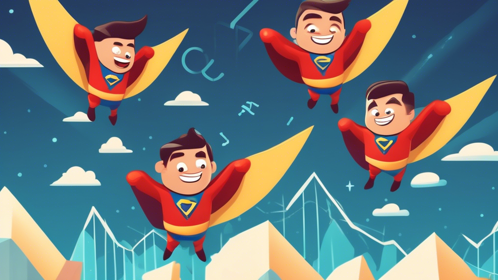 A digital illustration of smiling cartoon-style meme coins wearing superhero capes flying upward against a background of descending graphs, with the Solana logo prominently featured in the sky.