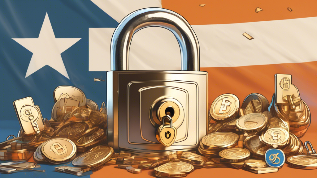 An illustrated scene of a digital vault in the shape of Oklahoma, overflowing with various cryptocurrencies, secured by a large padlock with a key labeled 'Self-Custody Rights', set against a backdrop of the Oklahoma state flag.