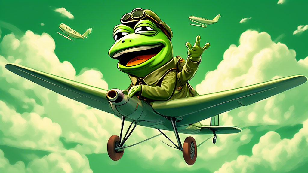 An animated Pepe the Frog wearing a pilot's outfit and aviator goggles, excitedly flying a vintage airplane upwards among clouds, with a trail of green dollar signs and percentage symbols following it, showcasing a dramatic rise.