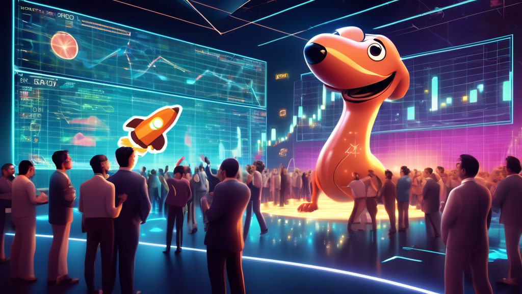 A futuristic digital trading floor buzzing with activity, with animated traders celebrating as a giant glowing chart in the background shows Pepe coin surging 15%, and a holographic projection of a WienerAI memecoin about to take off like a rocket.